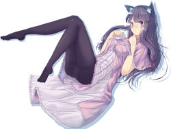 Rule 34 | 1girl, animal ears, black pantyhose, blush, breasts, capelet, cat ears, cat girl, cat tail, crotch seam, female focus, kemonomimi mode, large breasts, legs, long hair, lying, muranisaki, no headwear, on back, panties, panties under pantyhose, pantyhose, patchouli knowledge, purple eyes, purple hair, simple background, solo, striped clothes, striped panties, tail, thighband pantyhose, thighs, touhou, underwear