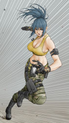 Rule 34 | 1girl, abs, ammunition pouch, armlet, bare shoulders, belt, biceps, blue eyes, blue hair, breasts, camouflage, camouflage pants, commentary, dog tags, earrings, english commentary, gloves, highres, jewelry, leona heidern, midriff, military, military uniform, pants, ponytail, pouch, sleeveless, snk, solo, standing, tank top, the king of fighters, the king of fighters xiv, the king of fighters xv, triangle earrings, uniform, x chitch, yellow tank top
