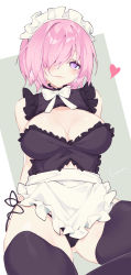Rule 34 | 1girl, alternate costume, apron, arms behind back, bare shoulders, black panties, black thighhighs, blush, bow, breasts, commentary, fate/grand order, fate (series), hair over one eye, heart, highres, large breasts, light purple hair, litsvn, looking at viewer, maid apron, maid headdress, mash kyrielight, one eye closed, panties, purple eyes, purple hair, short hair, smile, solo, thighhighs, thighs, underwear, white bow, white neckwear