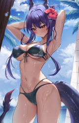 Rule 34 | 1girl, arknights, armpits, arms up, bare arms, bare shoulders, bikini, blue bikini, blue hair, blue sky, blush, breasts, ch&#039;en (arknights), ch&#039;en the holungday (arknights), cloud, collarbone, commentary, cowboy shot, day, docozi, dragon horns, dragon tail, flower, folded ponytail, front-tie bikini top, front-tie top, hair flower, hair intakes, hair ornament, highres, horns, large breasts, long hair, multi-strapped bikini, navel, outdoors, red eyes, sidelocks, sky, solo, standing, stomach, swimsuit, tail, thighs, tree, very long hair, wet