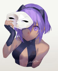 Rule 34 | 1girl, breasts, center opening, dark-skinned female, dark skin, fate/grand order, fate (series), fingerless gloves, gloves, hairband, hassan of serenity (fate), highres, holding, holding mask, looking at viewer, mask, nishikiya, purple eyes, purple hair, short hair, signature, small breasts, solo, upper body