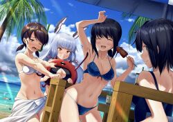 Rule 34 | 1boy, 1other, 4girls, abyssal ship, admiral (kancolle), alternate breast size, arm up, armpits, beach, beach umbrella, bikini, black bikini, black hair, blue bikini, blue one-piece swimsuit, blue sky, blush, breasts, brown eyes, brown hair, bubble tea, cleavage, cleavage cutout, clenched teeth, closed eyes, clothing cutout, cloud, collarbone, commentary request, day, enemy lifebuoy (kancolle), from behind, fubuki (kancolle), giving up the ghost, grey hair, groin, hair ribbon, hammer, headgear, highres, ichikawa feesu, kantai collection, light rays, long hair, looking at viewer, looking back, low ponytail, low twintails, medium breasts, miyuki (kancolle), multiple girls, murakumo (kancolle), navel, one-piece swimsuit, one eye closed, orange eyes, outdoors, parted bangs, pointing, polka dot, polka dot bikini, ponytail, ribbon, sarong, shirayuki (kancolle), short hair, short ponytail, short twintails, sidelocks, sky, snorkel, squid, sunbeam, sunlight, swimsuit, t-head admiral, tears, teeth, tress ribbon, twintails, umbrella, when you see it, white bikini
