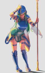 Rule 34 | 1girl, aduti momoyama, armor, armored boots, blue armor, blue footwear, boots, breastplate, detached sleeves, fire emblem, fire emblem: path of radiance, green eyes, green hair, grey background, helmet, highres, holding, holding polearm, holding weapon, leaning forward, long hair, looking at viewer, nephenee (fire emblem), nintendo, one eye covered, polearm, simple background, skirt, solo, spear, weapon