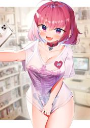 Rule 34 | 1girl, :d, absurdres, ahoge, belt collar, blush, bookshelf, breasts, cellphone, cleavage, collar, collarbone, covered erect nipples, cowboy shot, earrings, fang, heart on chest, highres, idolmaster, idolmaster cinderella girls, indoors, iphone, jewelry, kuse (0201), large breasts, open mouth, phone, pill earrings, pink eyes, pink hair, shirt tug, short hair, skeleton print, skin fang, smartphone, smile, solo, taut clothes, yumemi riamu
