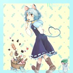Rule 34 | 1girl, animal ears, arm behind back, bakuha, blouse, blue background, bob cut, boots, candy, cookie, eating, female focus, food, highres, jewelry, layered clothes, messy hair, mouse (animal), mouse ears, mouse tail, mushroom, nazrin, necklace, shirt, solo, tail, takenoko no sato, touhou, white shirt, wrapped candy, yellow background