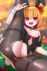 Rule 34 | 1girl, after vaginal, aftersex, animal ears, anus, bare shoulders, black choker, black leotard, black pantyhose, blonde hair, blurry, blurry background, bow, breasts, chiroshiron, choker, collarbone, colored inner hair, cum, cum in pussy, cumdrip, fake animal ears, fake tail, hair between eyes, hair ribbon, hand up, heart, heart-shaped pupils, highres, indoors, leotard, looking at viewer, multicolored hair, navel, open mouth, pantyhose, playboy bunny, poker table, pussy, reclining, red bow, red eyes, red ribbon, ribbon, rumia, short hair, small breasts, solo, symbol-shaped pupils, table, tail, tongue, touhou, v, wrist cuffs