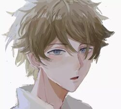 Rule 34 | 1boy, blue eyes, brown hair, chinese commentary, commentary request, ensemble stars!, jing qiu123, looking at viewer, male focus, open mouth, portrait, short hair, simple background, solo, takamine midori, white background