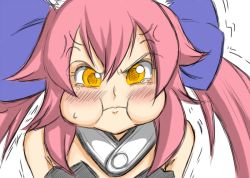 Rule 34 | 10s, 1girl, :i, anger vein, angry, animal ears, blush, drawfag, face, fate/extra, fate (series), fox ears, hair ribbon, long hair, parody, pink hair, pout, puffy cheeks, ribbon, solo, tamamo (fate), tamamo no mae (fate/extra), tears, trembling, twintails, yellow eyes