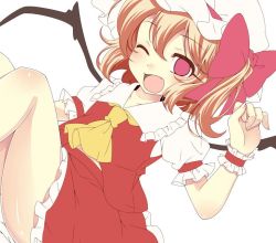 Rule 34 | 1girl, ;d, bad id, bad twitter id, blush, body blush, bow, fang, flandre scarlet, hair bow, hair ribbon, haruki (colorful macaron), hat, looking at viewer, mob cap, no pupils, one eye closed, open mouth, red eyes, ribbon, short hair, side ponytail, skirt, skirt set, smile, solo, touhou, unfinished, vest, wings, wrist cuffs
