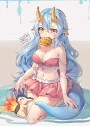 Rule 34 | 1girl, bare arms, bare shoulders, bikini, blue hair, breasts, character request, cleavage, collarbone, commentary, creatures (company), cyndaquil, dated, english commentary, fire, food in mouth, game freak, gen 2 pokemon, hair between eyes, horns, kobutanori, long hair, medium breasts, mouth hold, navel, nintendo, orange eyes, pink bikini, pointy ears, pokemon, pokemon (creature), seiza, shallow water, signature, sitting, strap slip, swimsuit, tail, very long hair, water