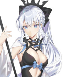 Rule 34 | 1girl, black bow, black dress, blue eyes, bow, braid, breasts, cleavage, dress, fate/grand order, fate (series), french braid, grey hair, hair bow, highres, large breasts, long hair, long sleeves, looking at viewer, morgan le fay (fate), oshage (osyage921), ponytail, sidelocks, two-tone dress, very long hair, white dress, wide sleeves