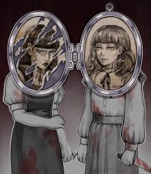 2girls arm_at_side arms_at_sides blood blood_on_clothes bloody_knife blunt_bangs closed_mouth commentary cowboy_shot dress fear_&amp;_hunger_(series) fear_&amp;_hunger_2:_termina frilled_shirt_collar frills gradient_background grey_outline highres holding holding_knife holding_own_arm jewelry knife lips locket long_hair long_sleeves marina_(fear_&amp;_hunger) mouth_piercing multiple_girls muted_color neck_ribbon outline parted_lips pendant pinafore_dress pinky_swear puffy_short_sleeves puffy_sleeves reverse_grip ribbon samarie_(fear_&amp;_hunger) shirt_tucked_in short_sleeves skirt sleeveless sleeveless_dress standing tatjasng12