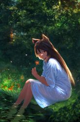 Rule 34 | 1girl, absurdres, animal ears, backlighting, barefoot, black hair, blurry, bug, butterfly, caustics, dappled sunlight, day, depth of field, dress, erune, flower, granblue fantasy, grass, hair between eyes, highres, holding, holding flower, insect, kasaman95, light particles, long hair, looking at viewer, nature, nier (granblue fantasy), outdoors, partially immersed, partially submerged, plant, red eyes, refraction, see-through, sitting, smile, solo, spider lily, sunlight, wading, water, white dress