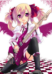 Rule 34 | 1girl, :d, black thighhighs, blonde hair, blush, boots, breasts, buttons, checkered floor, electric guitar, eyes visible through hair, full body, garter straps, guitar, hair between eyes, hair ornament, hair rings, instrument, kneeling, long sleeves, looking at viewer, medium breasts, music, nana (732 kaiten), neck ribbon, open mouth, original, pink eyes, playing instrument, plectrum, red ribbon, ribbon, short shorts, shorts, smile, solo, thighhighs, warlock (guitar), wings