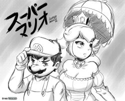 Rule 34 | 1boy, 1girl, alternate costume, blonde hair, blue eyes, breasts, cleavage, dress, facial hair, highres, joao pereira, large breasts, long hair, looking at viewer, mario, mario (series), md5 mismatch, monochrome, mustache, nintendo, overalls, princess, princess peach, resolution mismatch, source larger, super mario bros. 1, umbrella