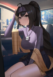 Rule 34 | 1girl, :/, absurdres, ahoge, arm up, belt, between legs, black belt, black skirt, blunt bangs, breasts, brown eyes, brown hair, car, car interior, closed mouth, commission, feet out of frame, hair between eyes, hair intakes, hairband, hand between legs, hand on own head, hantata, highres, jewelry, large breasts, legs together, light blush, long hair, long sleeves, looking at viewer, mahjong, mahjong tile, miniskirt, motor vehicle, necklace, original, plaid, plaid scarf, pleated skirt, ponytail, purple hairband, purple shirt, scarf, shirt, sidelocks, sitting, skirt, solo, thighs, turtleneck, very long hair, yellow scarf