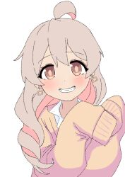 Rule 34 | 1girl, brown eyes, colored inner hair, commentary, earrings, grey hair, grin, gyaru, hair between eyes, jacket, jewelry, light blush, long hair, long sleeves, multicolored hair, onii-chan wa oshimai!, oyama mahiro, pink hair, simple background, sleeves past wrists, smile, solo, tama go, two-tone hair, upper body, white background, yellow jacket