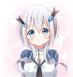 Rule 34 | 1girl, black ribbon, blue eyes, blush, breasts, commentary request, deyui, gradient background, grey hair, hair between eyes, hair ornament, hair ribbon, jacket, long hair, looking at viewer, low twintails, maou gakuin no futekigousha, medium breasts, misha necron, parted lips, pink background, ribbon, solo, sparkle, twintails, upper body, white background, white jacket
