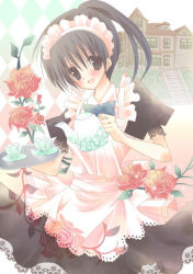 Rule 34 | 1girl, :d, apron, argyle, argyle background, argyle clothes, black eyes, black hair, bow, bowtie, building, cup, dress, flower, hashimo yuki, looking at viewer, maid, maid apron, maid headdress, open mouth, ponytail, red flower, red rose, rose, smile, solo, stairs, teacup, teapot, tray