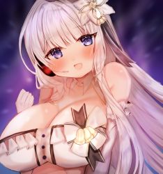Rule 34 | 1girl, azur lane, bare shoulders, breasts, cleavage, collar, detached collar, dress, elbow gloves, frilled dress, frills, gloves, headphones, highres, ichigo moka, idol, illustrious (azur lane), illustrious (muse) (azur lane), large breasts, looking at viewer, purple eyes, simple background, solo, strapless, strapless dress, white collar, white dress, white gloves, white hair