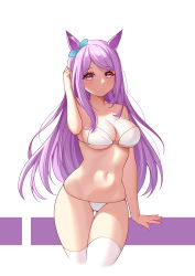Rule 34 | 1girl, absurdres, animal ears, arm at side, bare arms, bare shoulders, bikini, blue ribbon, blush, breasts, cleavage, closed mouth, collarbone, commentary request, cropped legs, gluteal fold, hair ribbon, hand up, highres, horse ears, kensei (ciid), long hair, looking at viewer, medium breasts, mejiro mcqueen (umamusume), navel, parted bangs, purple eyes, purple hair, ribbon, solo, stomach, strapless, strapless bikini, swimsuit, thigh gap, thighhighs, two-tone background, umamusume, very long hair, white background, white bikini, white thighhighs
