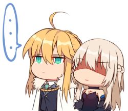 Rule 34 | ..., 2girls, ahoge, alternate costume, artoria pendragon (fate), artoria pendragon (lancer) (fate), bad id, bad twitter id, bare shoulders, black dress, blonde hair, braid, breasts, cape, chibi, cleavage, collared shirt, detached sleeves, dress, expressionless, fate/apocrypha, fate/grand order, fate (series), french braid, fur trim, green neckwear, hair between eyes, lipstick, long hair, makeup, morgan le fay (fate), multiple girls, shaded face, shirt, siblings, sisters, spoken ellipsis, tattoo, white background, white cape, yorukun