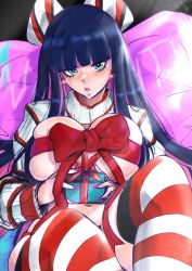 Rule 34 | 1girl, blush, bound, breasts, christmas present, gift, highres, large breasts, looking at viewer, multicolored hair, panty &amp; stocking with garterbelt, purple hair, revealing clothes, ribbon, ribbon bondage, sitting, solo, stocking (psg), striped clothes, striped thighhighs, thighhighs, thighs, vialnite