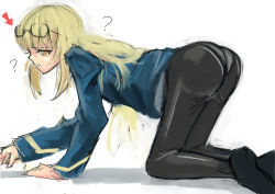 Rule 34 | 1girl, ?, all fours, ass, bad id, bad pixiv id, blonde hair, eyewear on head, glasses, long hair, panties, panties under pantyhose, pantyhose, perrine h. clostermann, posidoc, sketch, solo, strike witches, underwear, uniform, white background, world witches series
