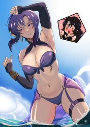 Rule 34 | 2girls, absurdres, arm up, armpits, bandeau, bare shoulders, bikini, black bikini, black hair, blood, blue sky, breasts, chibi, cleavage, cloud, commentary, commission, day, detached sleeves, earrings, english commentary, fire emblem, fire emblem: the blazing blade, fire emblem heroes, gluteal fold, highres, hoop earrings, ihsnet, jewelry, large breasts, long sleeves, multiple girls, navel, nintendo, nosebleed, official alternate costume, purple bikini, purple eyes, purple hair, short hair, sky, sonia (fire emblem: the blazing blade), standing, stomach, swimsuit, thigh strap, thighs, ursula (fire emblem), ursula (summer) (fire emblem), wading, water, yuri