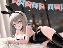 Rule 34 | 1girl, animal ears, black leotard, black thighhighs, blush, breasts, cleavage, covered navel, detached collar, fake animal ears, fake tail, goddess of victory: nikke, grey hair, hair between eyes, highleg, highleg leotard, highres, leotard, long hair, looking at viewer, medium breasts, open mouth, playboy bunny, rabbit ears, rabbit tail, scarlet (nikke), solo, strapless, strapless leotard, tail, thighhighs, wrist cuffs, yellow eyes, yomining