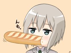 Rule 34 | 1girl, absurdres, aoba moca, baguette, bang dream!, blazer, blush, bread, brown background, collared shirt, commentary request, diagonal-striped clothes, diagonal-striped necktie, eating, food, food on face, goom (goomyparty), green necktie, grey eyes, grey hair, grey jacket, hair between eyes, highres, jacket, necktie, portrait, shirt, signature, simple background, solo, striped clothes, white shirt