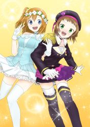 Rule 34 | 10s, 2girls, :d, holding another&#039;s arm, bare shoulders, beret, blue eyes, blush, boots, brown hair, dress, epaulettes, gloves, green eyes, hat, highres, idol, kira tsubasa, kosaka honoka, locked arms, looking at viewer, love live!, love live! school idol project, moka (mocha-cafe), multiple girls, open mouth, shocking party, short hair, smile, thigh boots, thighhighs, v, white gloves, yume no tobira