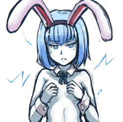 Rule 34 | 1girl, animal ears, blue eyes, blue hair, rabbit ears, covering privates, covering breasts, cuffs, frown, genderswap, genderswap (mtf), league of legends, matching hair/eyes, nam (valckiry), nude, personification, short hair, solo, white background, wrist cuffs, xerath