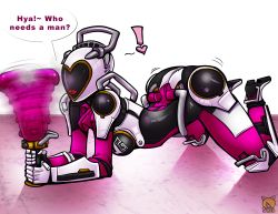 Rule 34 | 1girl, absurdres, all fours, android, ass, breasts, dildo, female focus, gradient background, highres, no eyes, red lips, ressha sentai toqger, sex toy, shia (artist), solo, super sentai, vibrator, wagon (ressha sentai toqger), white background