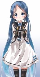 Rule 34 | &gt;:), 10s, 1girl, adapted costume, alternate hairstyle, anchor symbol, black gloves, black thighhighs, blue eyes, blue hair, blush, bow, buttons, clenched hands, closed mouth, commentary request, dress, elbow gloves, eyebrows, gloves, gradient background, gradient hair, hair bow, hair ribbon, head tilt, highres, kantai collection, long hair, looking at viewer, low twintails, matching hair/eyes, multicolored hair, neckerchief, pentagon (railgun ky1206), ribbon, sailor dress, samidare (kancolle), school uniform, see-through, serafuku, short sleeves, simple background, smile, solo, striped, striped bow, thighhighs, twintails, v-shaped eyebrows, very long hair, white ribbon, zettai ryouiki