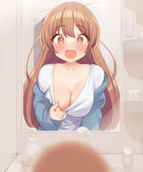 Rule 34 | 1girl, blurry, blurry foreground, blush, breasts, brown eyes, brown hair, cleavage, commission, fang, faucet, female focus, genderswap, genderswap (mtf), large breasts, long hair, looking at mirror, mirror, msp sammy, original, reflection, second-party source, skin fang, solo, surprised, sweatdrop