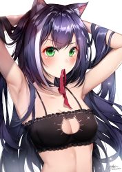 Rule 34 | 1girl, animal ear fluff, animal ears, armpits, artist name, black bra, blush, bra, breasts, cat cutout, cat ears, cat girl, cat lingerie, cleavage cutout, clothing cutout, collarbone, frilled bra, frills, green eyes, hair intakes, highres, karyl (princess connect!), long hair, looking at viewer, medium breasts, meme attire, mouth hold, multicolored hair, princess connect!, purple hair, signature, solo, streaked hair, tying hair, underwear, very long hair, white hair, yeooudam