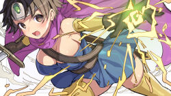 Rule 34 | 1girl, armpit crease, bare shoulders, belt, black hair, blue dress, blush, breasts, brown eyes, brown gloves, brown hair, cape, circlet, cleavage, commentary request, dragon quest, dragon quest iii, dress, elbow gloves, fighting stance, gloves, heroine (dq3), hifumi chiyoko, highres, holding, holding sword, holding weapon, large breasts, looking at viewer, magic, open mouth, outstretched hand, purple cape, roto (dq3), short hair, solo, strapless, strapless dress, sword, thighhighs, weapon, yellow gloves, yellow thighhighs