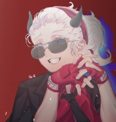 Rule 34 | 1girl, bad id, bad pixiv id, black horns, chromatic aberration, demon horns, fingerless gloves, gloves, hairband, helltaker, highres, horns, jacket, jacket on shoulders, justice (helltaker), looking over eyewear, looking over glasses, looking to the side, necktie, no r, red background, red shirt, shirt, short hair, smile, solo, sunglasses, tinted eyewear, upper body, white hair