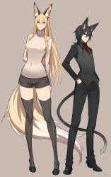 Rule 34 | 1boy, 1girl, animal ears, arms behind back, bad id, bad pixiv id, black thighhighs, black vest, blush, breasts, cat ears, cat girl, cat tail, covered navel, fox ears, fox tail, full body, hands in pockets, highres, long sleeves, looking at viewer, necktie, original, red necktie, ribbed sweater, short shorts, shorts, sigm@, smile, sweater, tail, thighhighs, turtleneck, vest