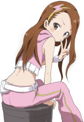Rule 34 | 1girl, ass, brown eyes, brown hair, butt crack, from side, hairband, highres, idolmaster, idolmaster (classic), lightning bolt symbol, long hair, looking at viewer, midriff, minase iori, pink diamond 765, simple background, sitting, sleeveless, solo, v, white background, yamamoto souichirou