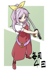 Rule 34 | 1girl, belt, bracelet, closed mouth, commentary, dress, full body, green background, hair ribbon, holding, holding sword, holding weapon, itani illust, jewelry, long hair, looking back, ponytail, purple eyes, purple hair, red dress, red footwear, ribbon, short sleeves, solo, standing, sword, touhou, watatsuki no yorihime, weapon, yellow ribbon