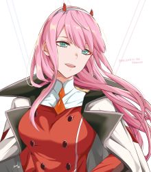 Rule 34 | 10s, 1girl, :d, absurdres, aqua eyes, cape, copyright name, darling in the franxx, floating hair, grey hairband, hairband, hanawi nova, head tilt, highres, horns, long hair, military, military uniform, open mouth, pink hair, smile, solo, uniform, upper body, very long hair, white background, white cape, zero two (darling in the franxx)