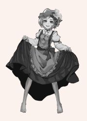 Rule 34 | 1girl, absurdres, aki minoriko, apron, barefoot, breasts, collarbone, collared shirt, frilled apron, frills, full body, grape hat ornament, greyscale, happy, hat, highres, inoshin (inixia1748), juliet sleeves, lifting own clothes, long sleeves, looking at viewer, maid apron, mob cap, monochrome, no shoes, no socks, open mouth, puffy sleeves, shirt, simple background, skirt, skirt hold, small breasts, solo, teeth, touhou, upper teeth only, white background