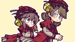 Rule 34 | 2girls, bell, black necktie, black ribbon, brown dress, brown hair, closed mouth, collared dress, commentary request, double bun, dress, employee (project moon), frilled sleeves, frills, hair bell, hair bun, hair ornament, hair ribbon, hat, hat ribbon, hatake shimeji, laetitia (project moon), lobotomy corporation, long sleeves, multiple girls, neck ribbon, necktie, project moon, red eyes, red headwear, red ribbon, red vest, ribbon, ringed eyes, simple background, smile, vest, white eyes, yellow background