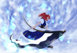 Rule 34 | 1girl, blue dress, dress, female focus, from behind, holding, holding weapon, kiriu, obi, onozuka komachi, polearm, puffy short sleeves, puffy sleeves, red hair, sash, scythe, short hair, short sleeves, solo, touhou, twintails, two side up, weapon