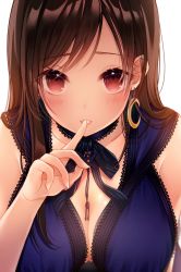 Rule 34 | 1girl, bad id, bad yandere id, black hair, blush, breasts, cleavage, crescent, crescent earrings, crescent moon, dress, earrings, final fantasy, final fantasy vii, final fantasy vii remake, finger to mouth, hair over shoulder, highres, jewelry, kuro namako, lace trim, large breasts, long hair, looking at viewer, moon, open mouth, red eyes, simple background, solo, tifa lockhart, white background