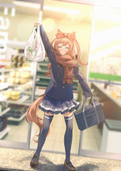 Rule 34 | 1girl, absurdres, agnes digital (umamusume), animal ears, arm up, bag, blue eyes, blurry, blurry background, blush, bow, commentary request, familymart, hair bow, highres, horse ears, horse girl, horse tail, looking at viewer, pink hair, plastic bag, scarf, school bag, school uniform, solo, tail, thighhighs, tracen school uniform, umamusume, yogukasu
