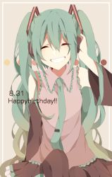 Rule 34 | 1girl, dated, closed eyes, female focus, green hair, grin, hand on headphones, happy birthday, hatsune miku, headphones, highres, long hair, mattsu (peperon708), necktie, sitting, smile, solo, twintails, very long hair, vocaloid