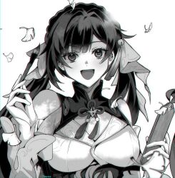Rule 34 | 1girl, bell, calligraphy brush, commentary, english commentary, greyscale, hair bell, hair ornament, highres, holding calligraphy brush, holding paintbrush, honkai: star rail, honkai (series), leaf, long hair, looking at viewer, monochrome, open mouth, seha, solo, sushang (honkai: star rail), twintails, twitter username, upper body, wood